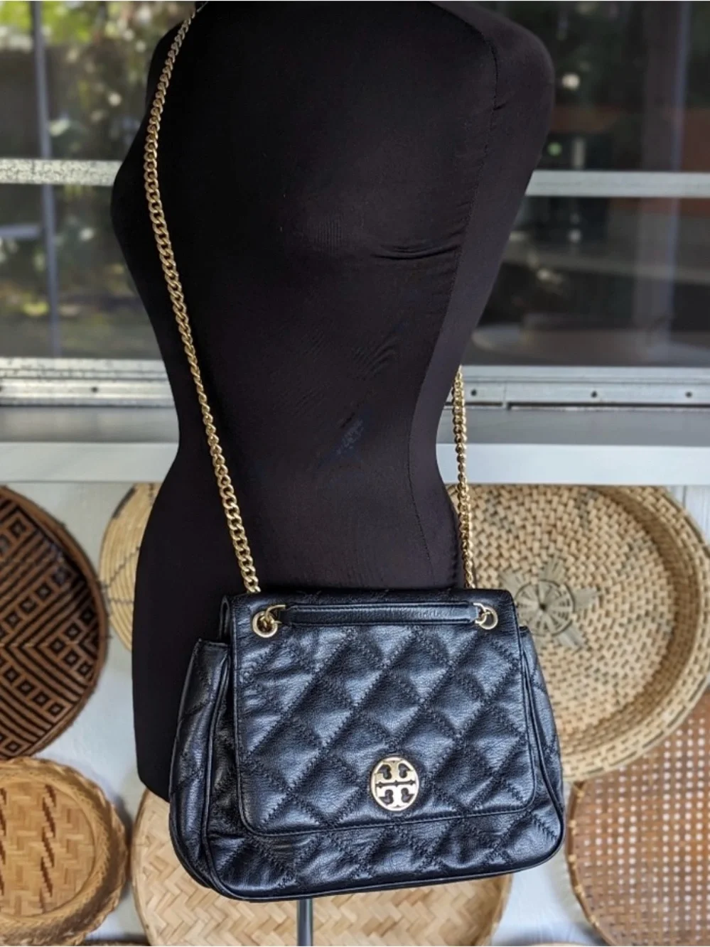 Tory Burch Black Quilted Leather Shoulder Bag with Gold Chain